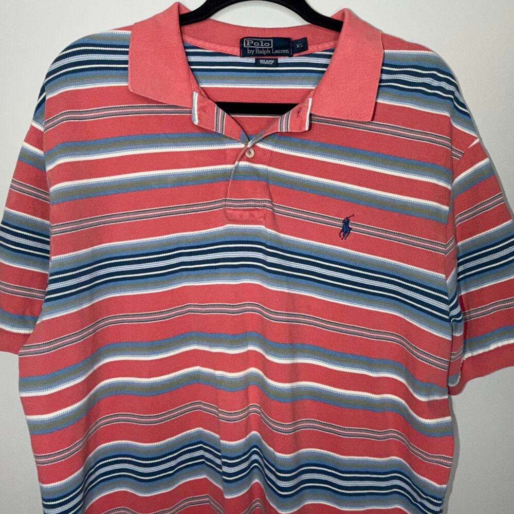 Polo Ralph Lauren Mens XL Pink Blue Striped Casual Business Short Sleeve Polo